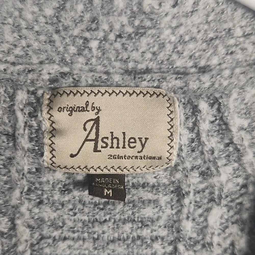 Ashley Womens M Gray Cable-Knit Open Front Cardigan Sweater Long Sleeve Pockets - Picture 2 of 7